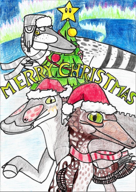 Three dinosaurs dressed with red Christmas hats on. 